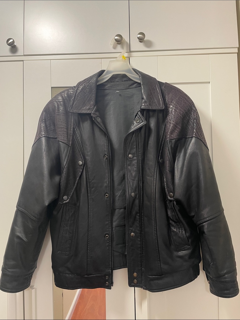 Black Leather Jacket with Textured Shoulder Panels